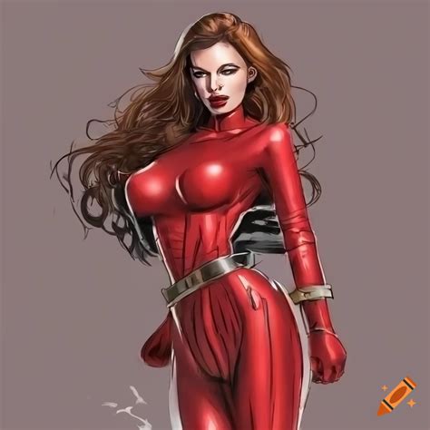 Comic Book Art Of A Strong Woman In Red Liquid Metal Suit