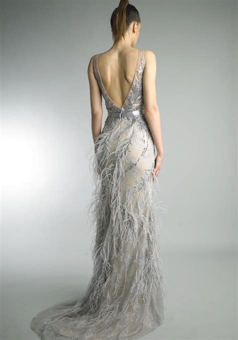 Occasions Beaded Silver Mermaid Evening Dress With Feathers Hk