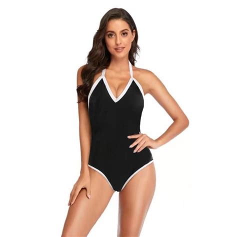 Maillot de bain une pièce pour femme Bikini Halter Col en V profond Bretelles spaghetti
