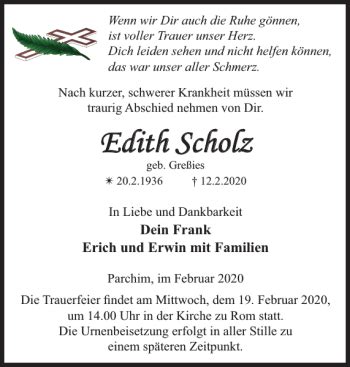 Traueranzeigen Von Edith Scholz Trauer Nordkurier