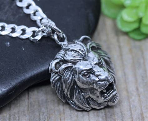 Sterling Silver Lion Head Necklace Silver Lion Pendant Mens Etsy