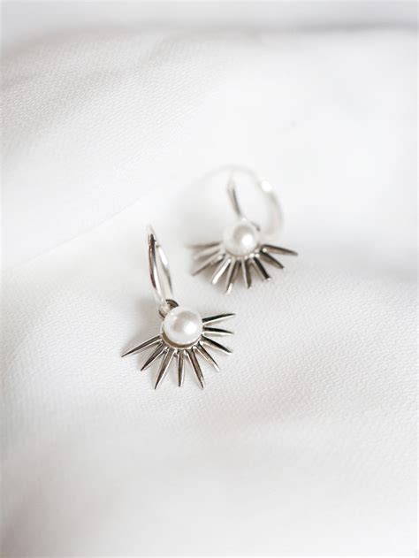 Pearl Spike Hoop Earrings Sterling Silver Spike Earrings Etsy