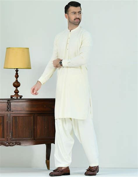 Pakistani Designer J Junaid Jamshed Mens Cream Blended Kameez Shalwar