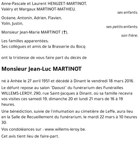 Avis De Décès De Jean Luc Martinot Décédé Le 18032016 à Dinant