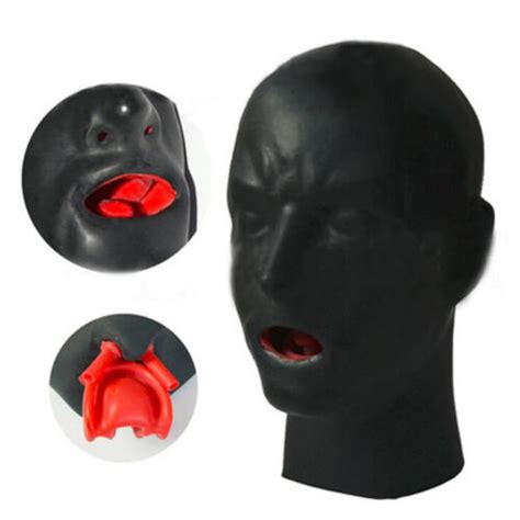 Men Black Latex Mask With Red Teeth Gag Nose Tube Mm Thick Hood Back