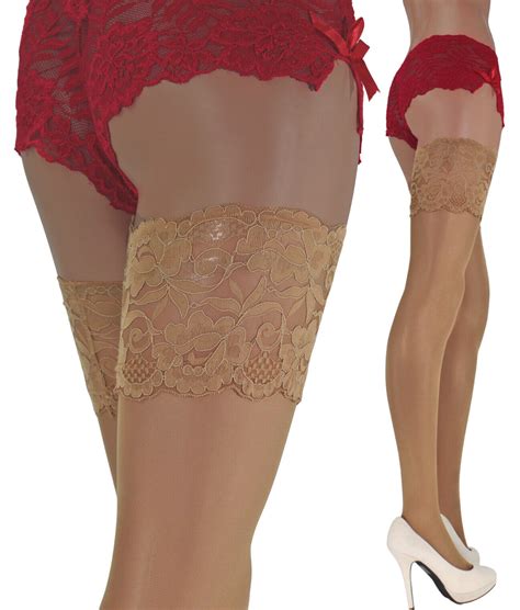 New Deep Lace Top Sheer Hold Ups Stockings Denier Cm Lace Top Ebay