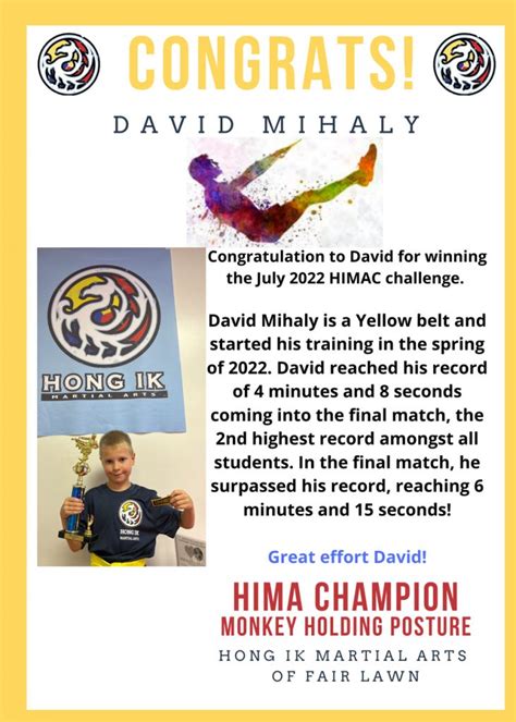 Hong Ik Martial Arts Of Fair Lawn July Hima Champion Monkey