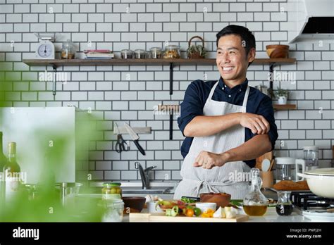 Japanese Mature Man In The Kitchen Stock Photo Alamy