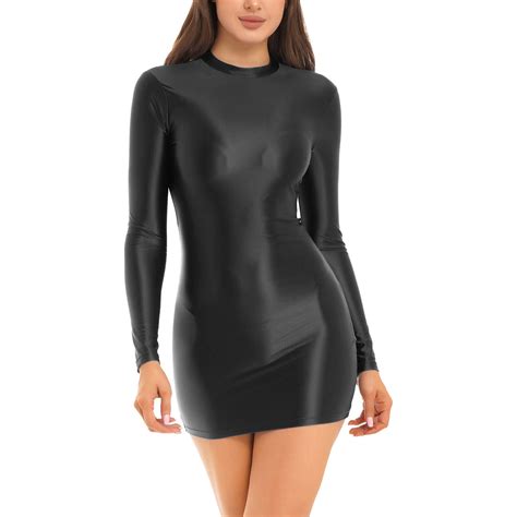 Damen Lackleder Sexy Kleid Rei Verschluss Bodycon Stehkragen Erwachsene