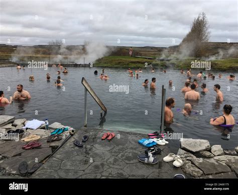 The Secret Lagoon geothermal pools, Iceland, 12 October 2019 Stock ...