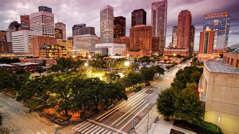 Wallpaper Houston, USA, city, road, skyscrapers, lights, dusk 3840x2160 UHD 4K Picture, Image