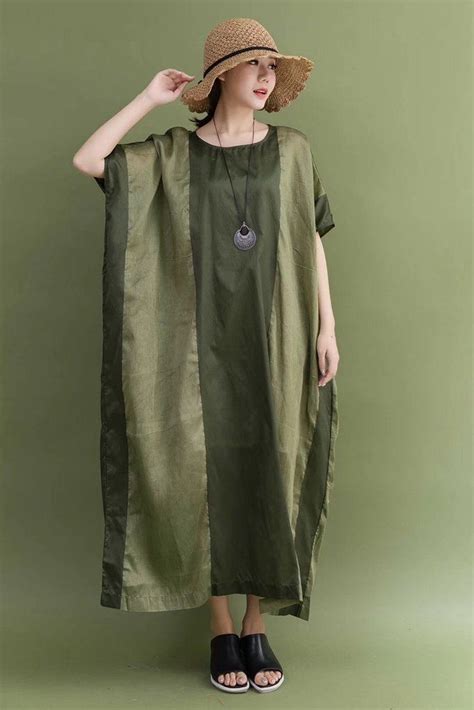 Summer Silk Linen Green Plus Size Casual Loose Fitting Long Dresses For