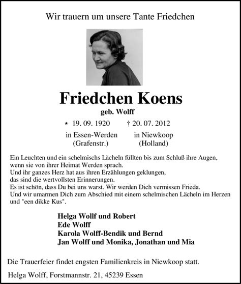 Traueranzeigen Von Friedchen Koens Trauer In Nrw De