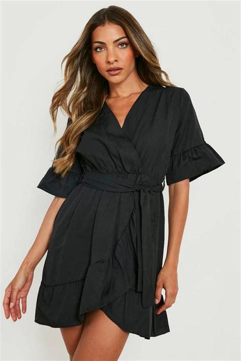 Ruffle Wrap Belted Woven Tea Dress Boohoo Uk