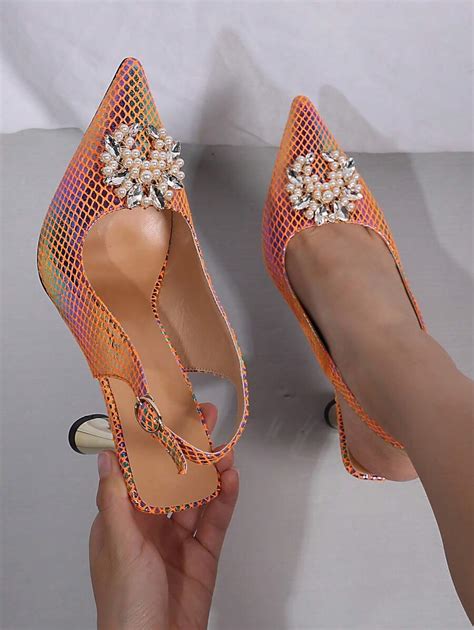 Women Holographic Rhinestone Faux Pearls Decor Point Toe Pyramid