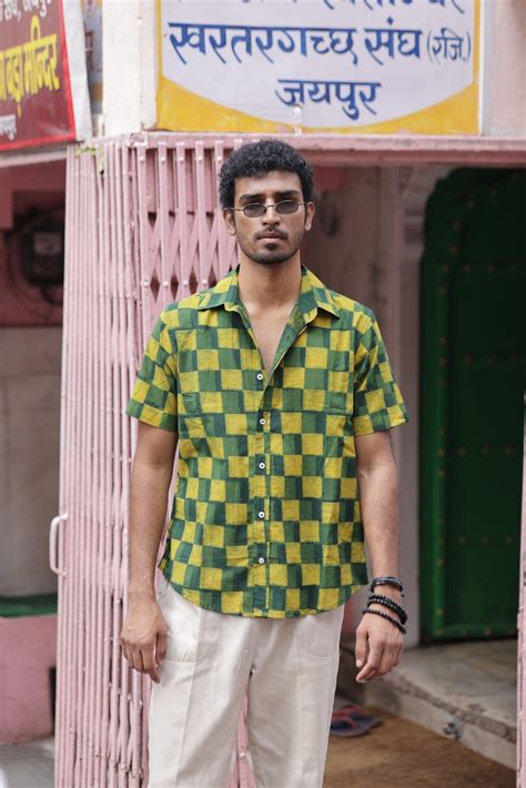 Mens Sufi Short Sleeve Shirt Green Turmeric Checks Made Trade