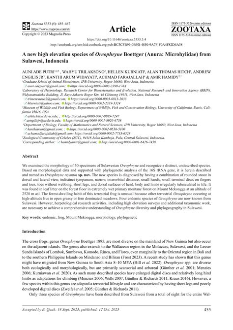 PDF A New High Elevation Species Of Oreophryne Boettger Anura