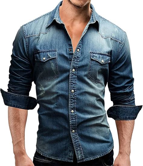 Dombx Herren Jeanshemd Langarm Reverskragen Button Down Regular Fit