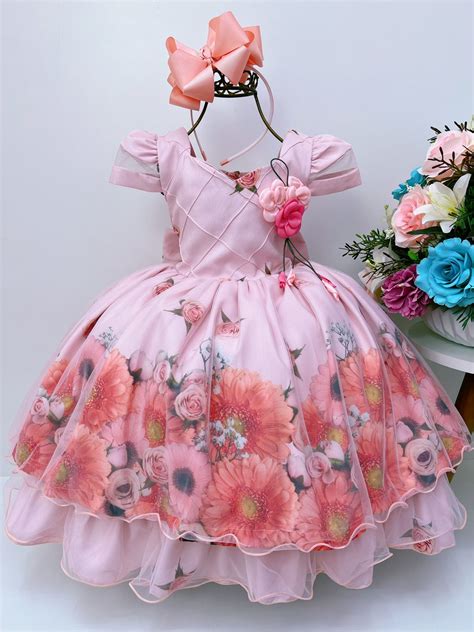 Vestido Infantil Salm O Floral Luxo Broche Flor Rosa Charmosa Atacado