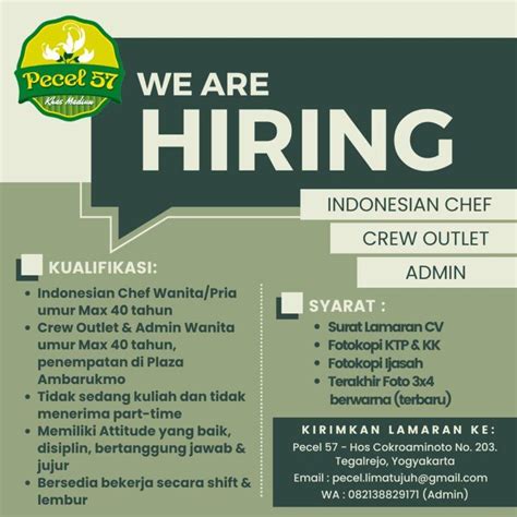 Lowongan Kerja Indonesian Chef Crew Outlet Admin Di Pecel