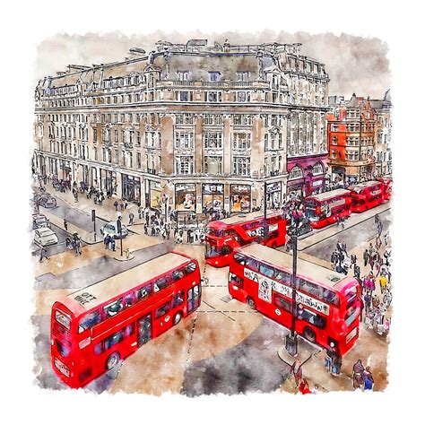 Oxford Circus London Watercolor Sketch Hand Drawn Illustration 12495797