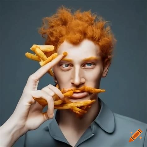 Ginger Haired Man Holding Delicious Cheesy Fries On Craiyon