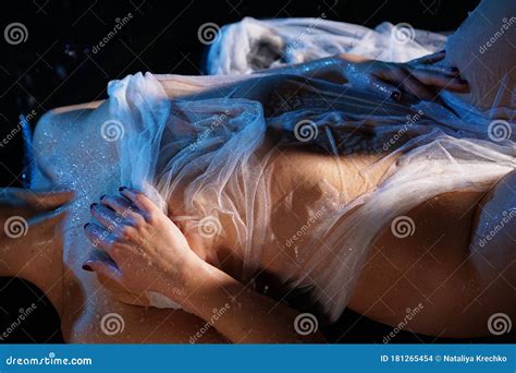 Beautiful Nude Woman In Aqua Naked Female Body In Transparent Fabric