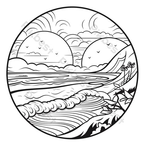 Outline Sketch An Ocean And Beach Coloring Page Drawing Vector PNG ...