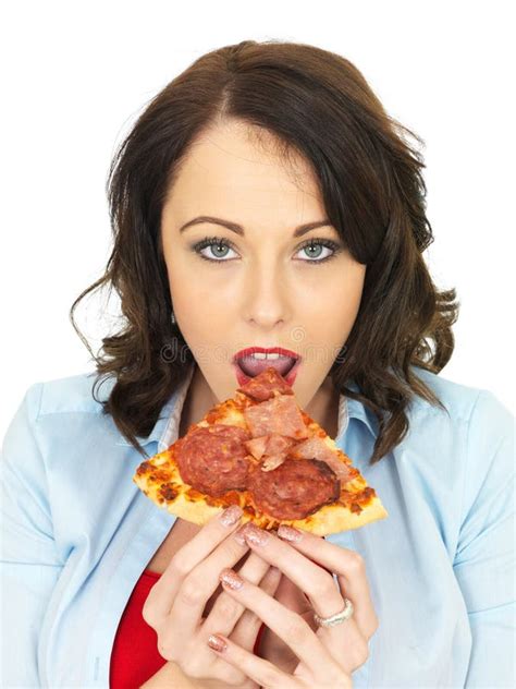 Happy Pretty Young Woman Eating Slice Baked Pepperoni Ham Pizza Stock