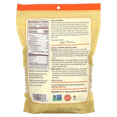 Bob S Red Mill Whole Grain Sorghum Gluten Free 1 Lb 8 Oz 680 G