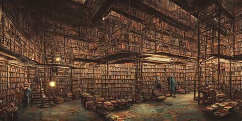 Cinematic Shot Of A Vast Interior Of An Old Bookstore Stable Diffusion