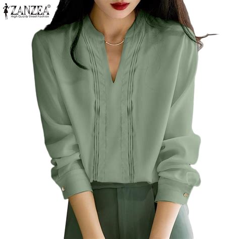 Zanzea Women Long Sleeve V Neck Shirt Plain Business Ol Office Baggy