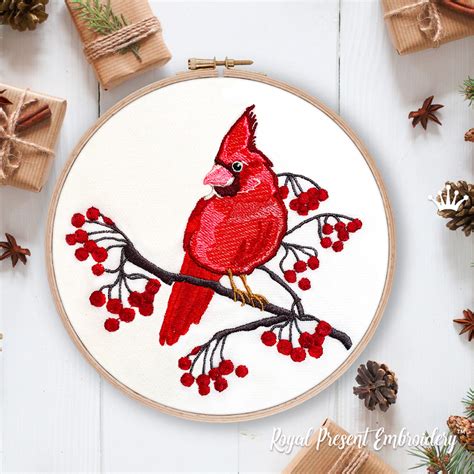 Cardinal Bird On A Rowan Branch Machine Embroidery Design Sizes