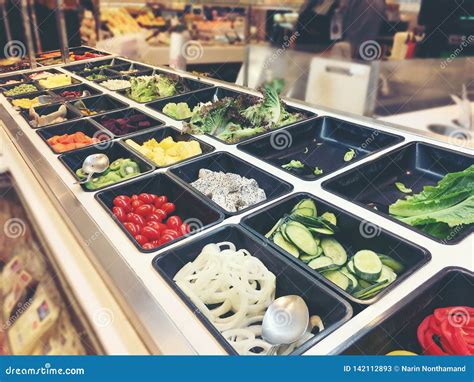 Fresh Salad Bar With Various Fresh Assortment Of Ingredients Fruits And Proteins Variety Of