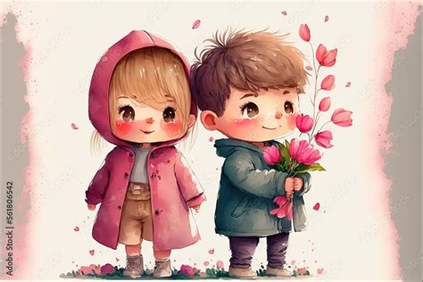 Cute boy and girl in love on romantic Valentine's day hand drawn ...