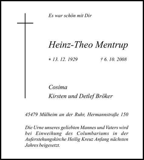 Traueranzeigen Von Heinz Theo Mentrup Trauer In Nrw De