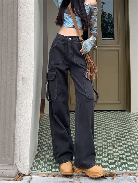 Plain High Waist Cargo Pants Loose Fit Flap Pockets Y2k Kpop Temu