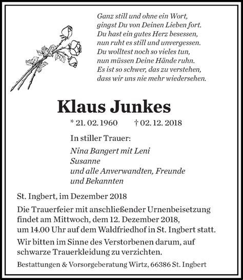 Traueranzeigen Von Klaus Junkes Saarbruecker Zeitung Trauer De