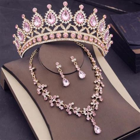 DIADEME Pink Sets Ensembles de bijoux de mariage pour femmes diadèmes