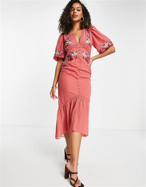 Hope And Ivy Puff Sleeve Embroidered Midi Tea Dress In Clay Red Modesens