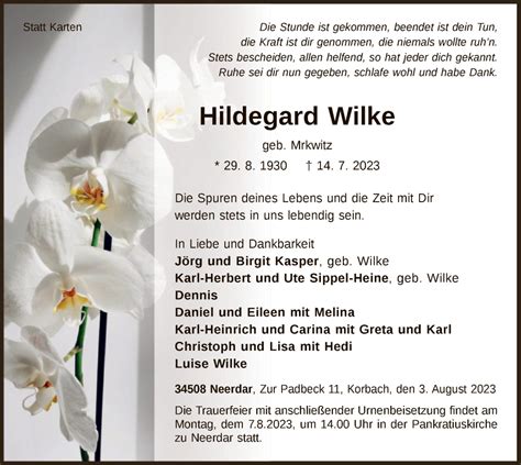 Traueranzeigen Von Hildegard Wilke Trauer Wlz Online De