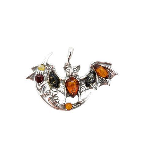 Bat On The Moon Multi Color Amber 925 Silver Pendant Amberman