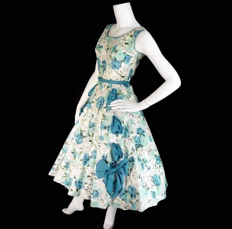 1950s Blue Floral Vintage Dress Rhinestones Bows 50s Full Skirt Size 6