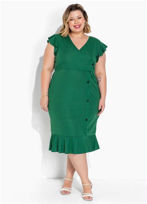 Vestido Verde Bandeira Com Botões Plus Size Marguerite