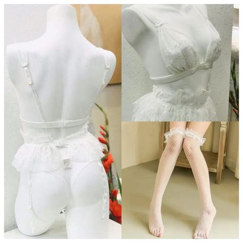 Promo Sexy Lingerie Set Menawan Bra G String Transparan Renda Lingerie T Putih Stoking All