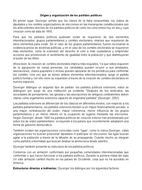 Resumen Origen Y Organización De Los Partidos Politicos Pdf Partidos Políticos Democracia