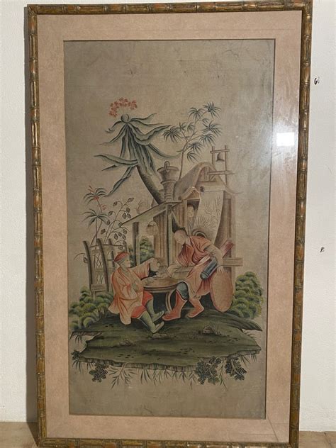 Proantic Paire De Grandes Peintures Anciennes Sc Nes Asiatiques