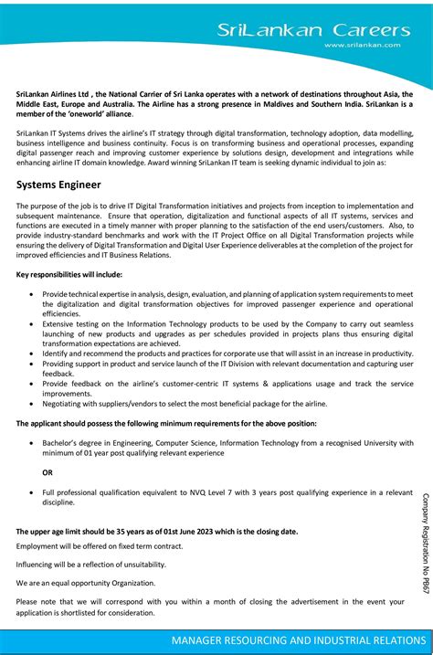 Systems Engineer Srilankan Airlines Ltd