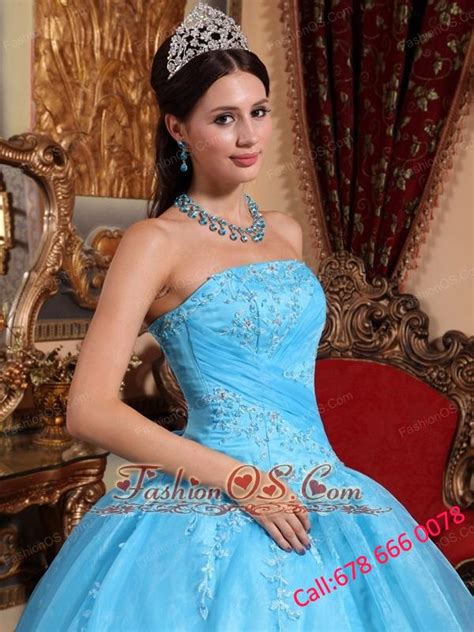 Aqua Blue Quinceanera Dress Strapless Organza Appliques Ball Gown 151 72