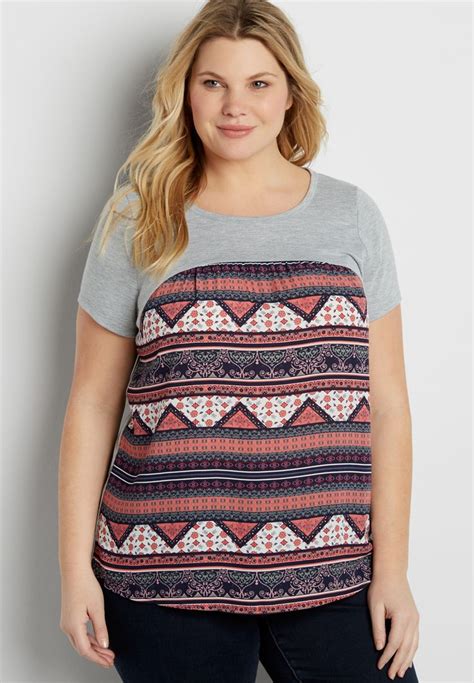 Plus Size Heathered Tee With Patterned Chiffon Front And Strappy Peek A